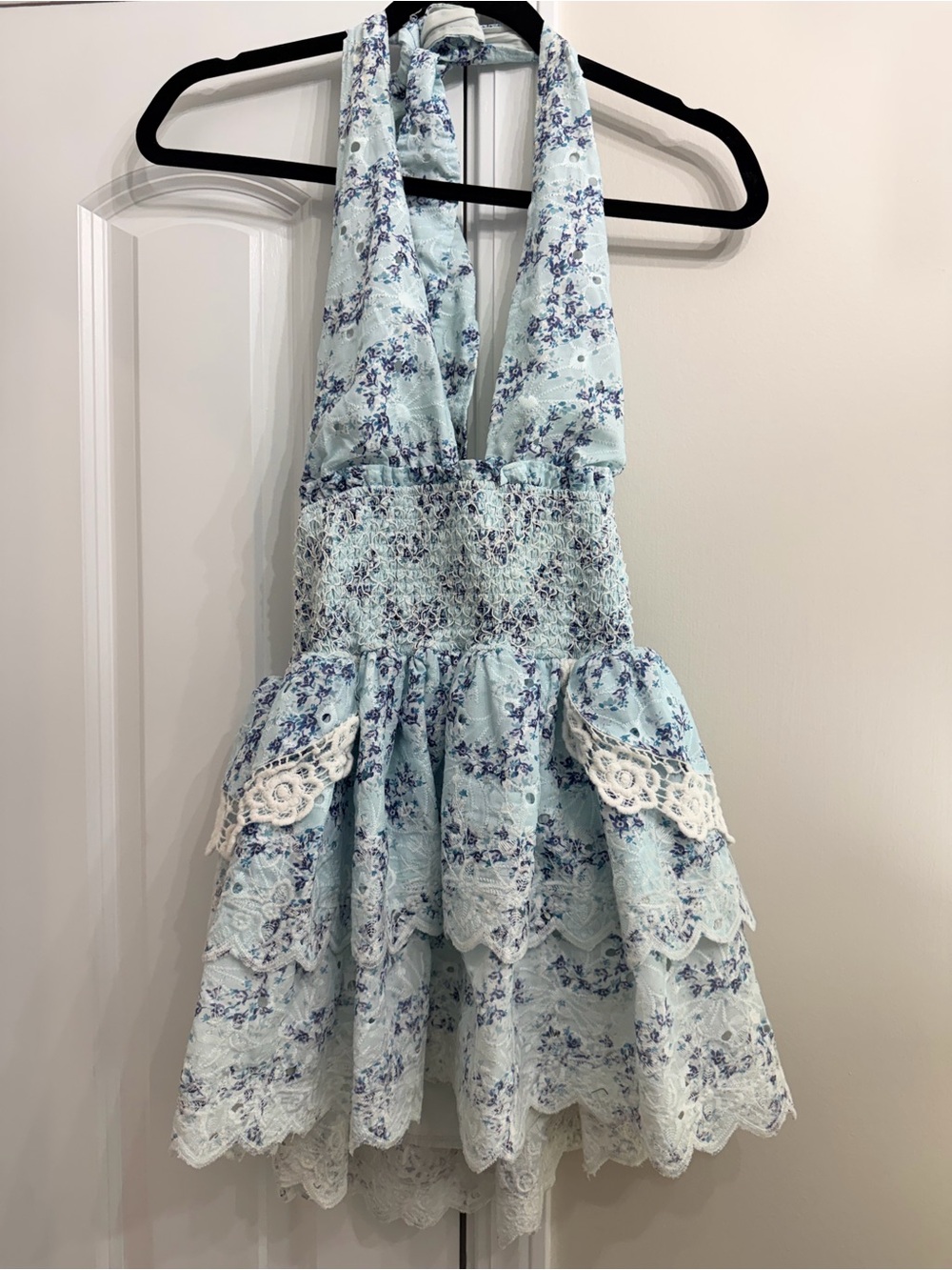 Light Blue Floral Backless Halter Dress with Lace Trim